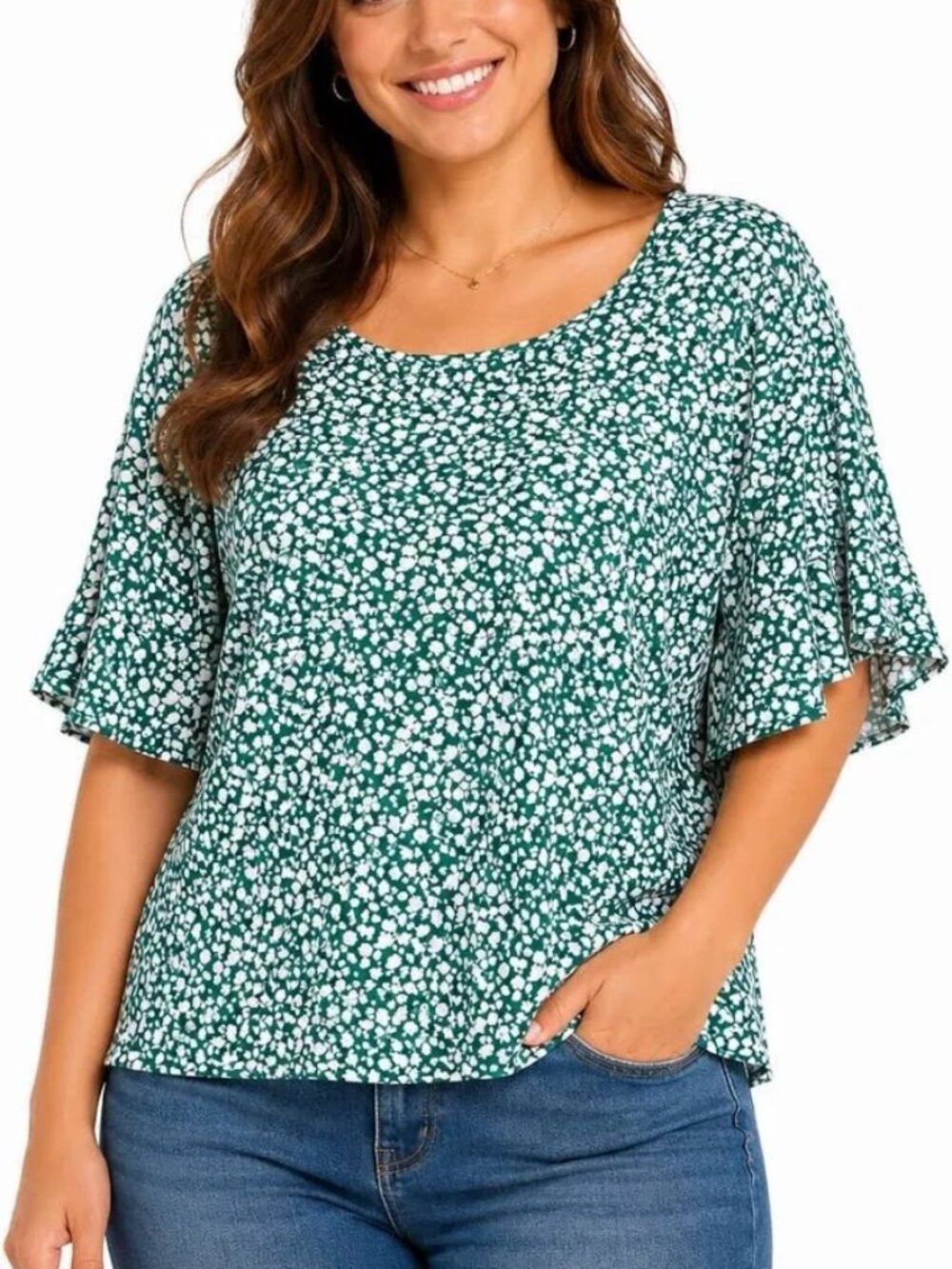 Croft Barrow Women's Green Floral Flutter Sleeve Top Shirt Size XL